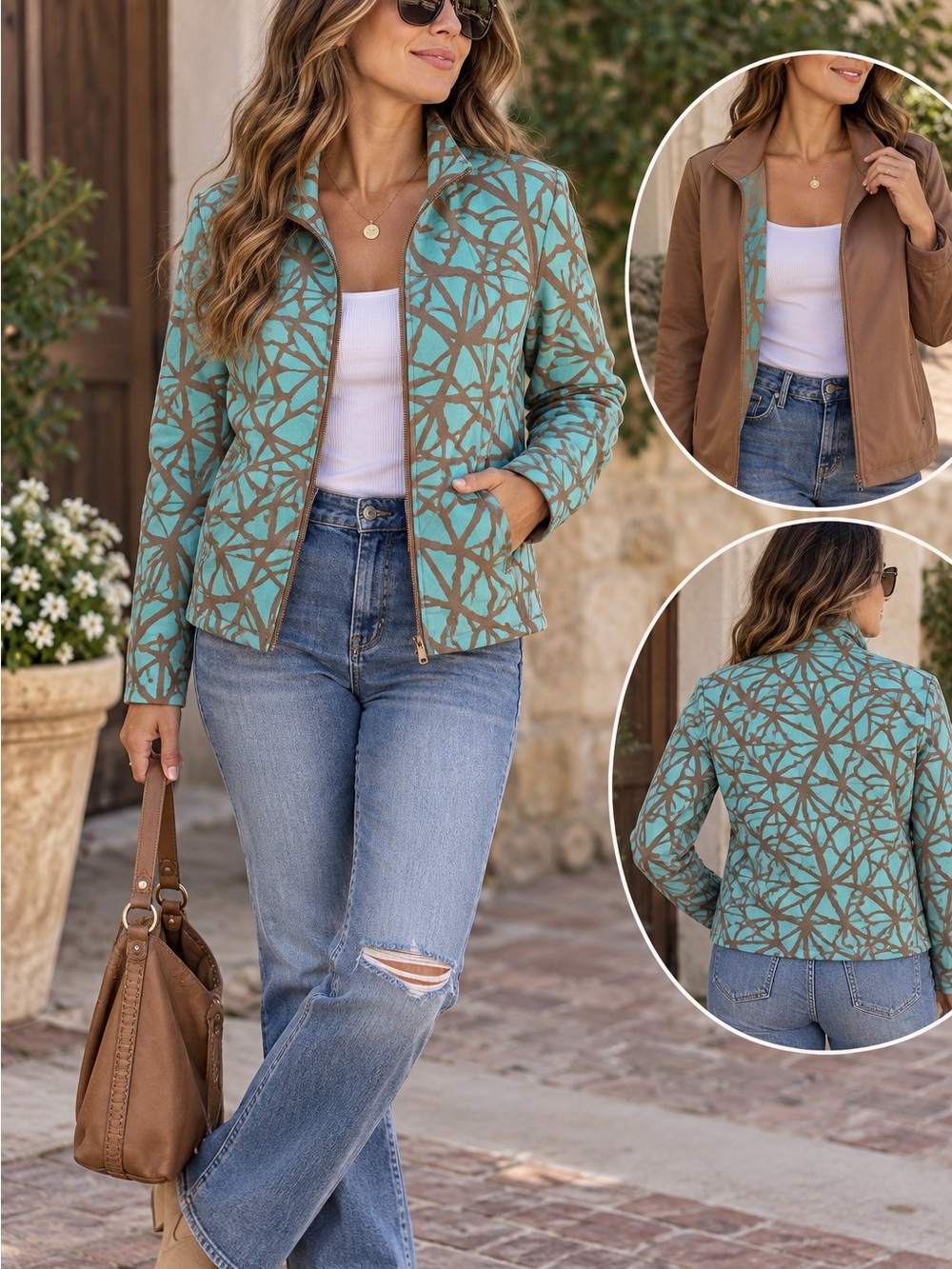 Reversible Aqua & Brown Patterned Jacket - Women size M